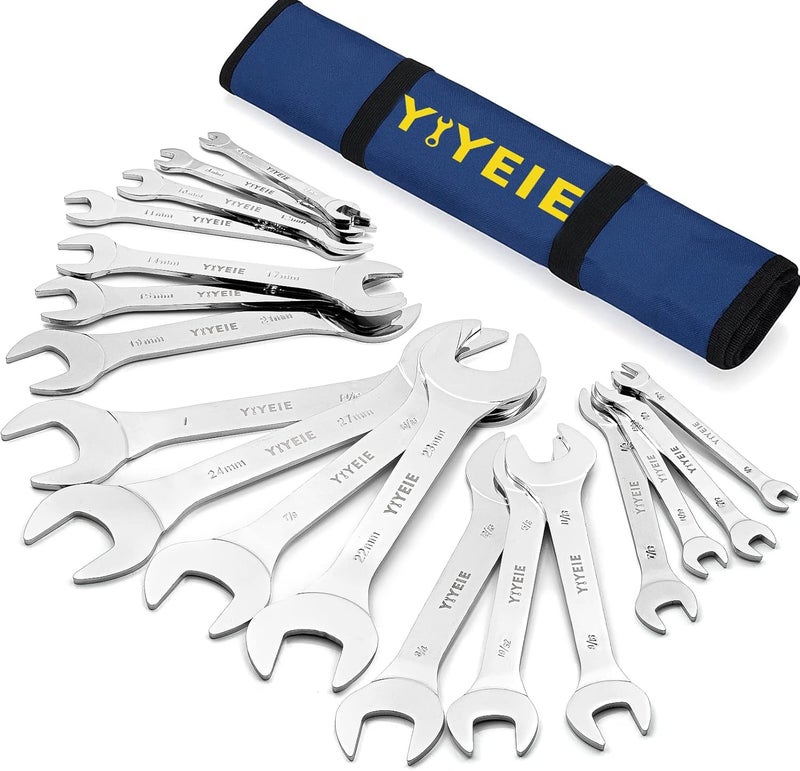 YIYEIE 18pcs Super-Thin Open End Wrench Set, Metric & SAE, 5.5mm to 27mm, 1/4" to 1-1/16", CR-V Steel with Mirror Finish, Ultra-Slim Wrench Set with Rolling Pouch - Image 1
